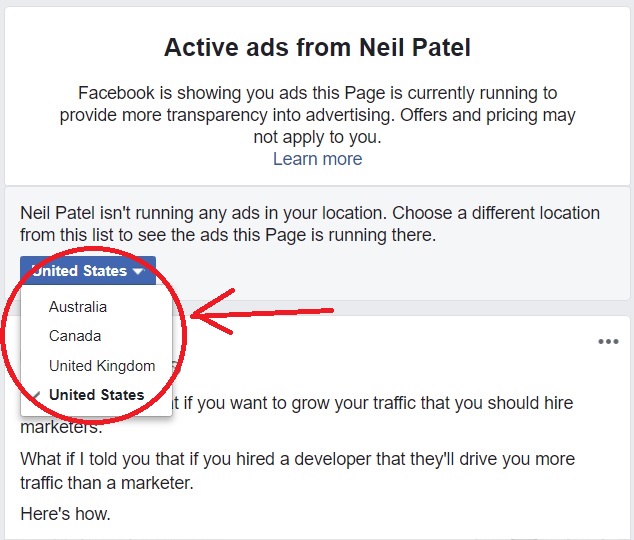 Facebook view ads feature choose country