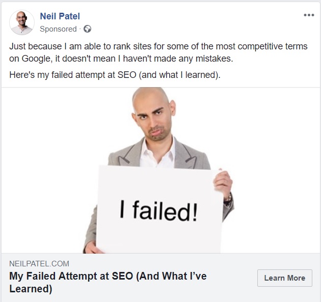 Neil Patel failure - Facebook view ads feature