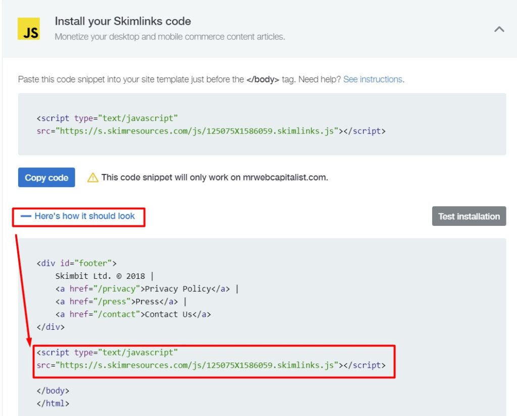 Skimlinks implementation code